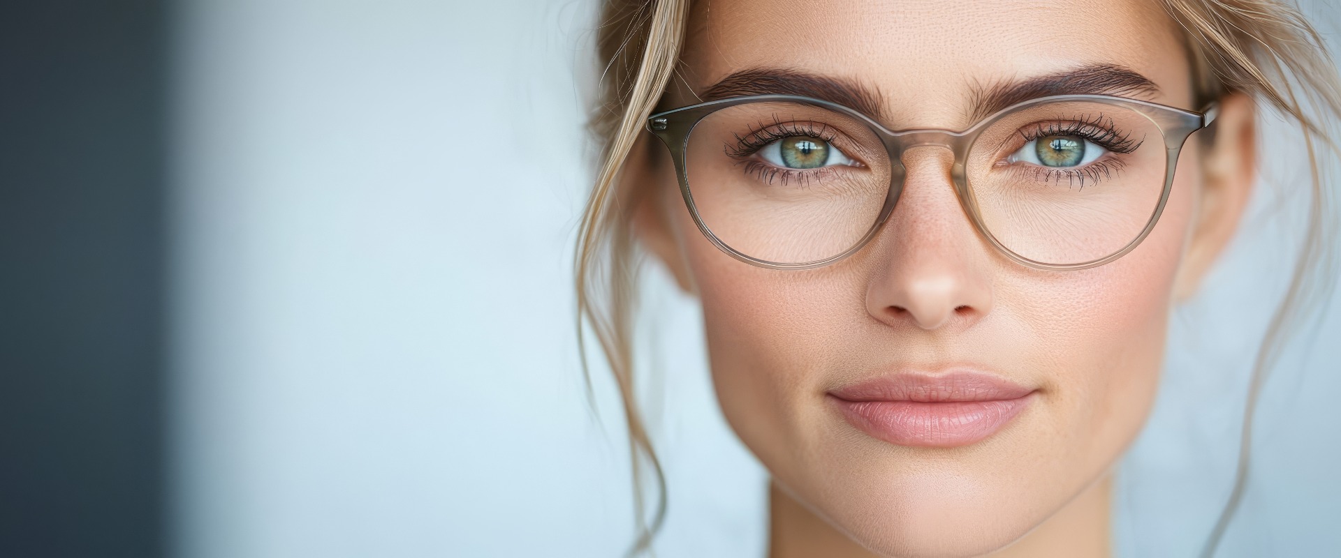 Eine Nahaufnahme des Gesichts einer Frau mit Brille auf ihrer Brille
