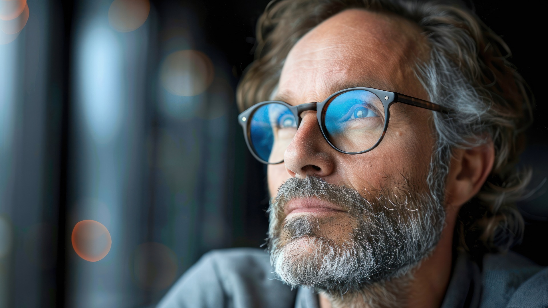Nahaufnahme eines Mannes, der aus dem Fenster schaut und eine Brille trägt
